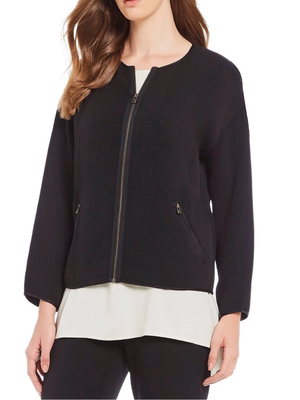 Eileen Fisher Silk Blend Black Zip Up Jacket womens M
